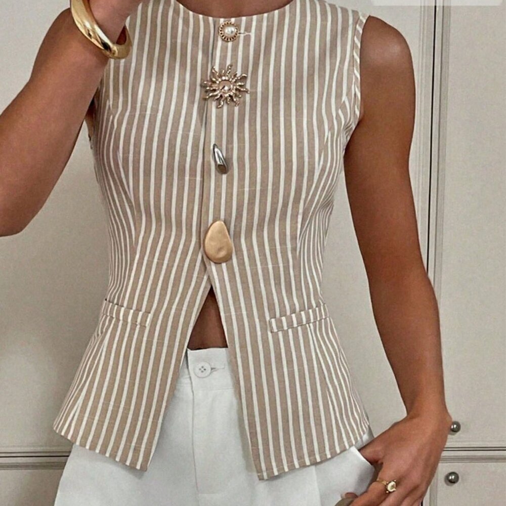 Multicolor Casual Women's Striped Front Button Tank Top - Picture 2 of 7